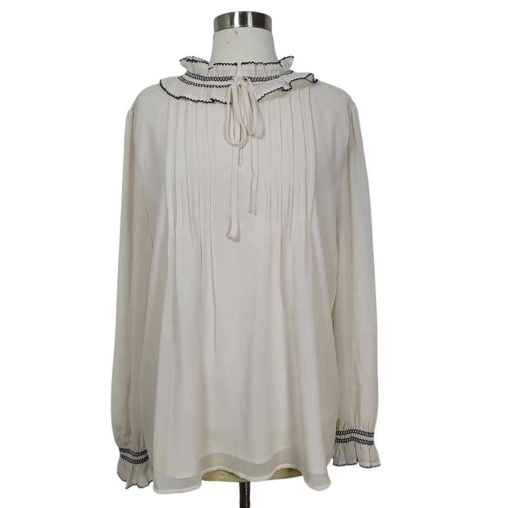 Ann Taylor Cream Ruffle Contrast Chiffon Pleated Romantic Long Sleeve Top XL